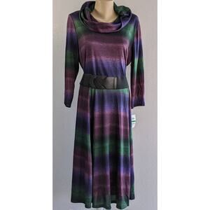 Style & Co Sweater Dress Large Ombre Cowlneck Long Sleeve Knee‎ Purple Blue Belt